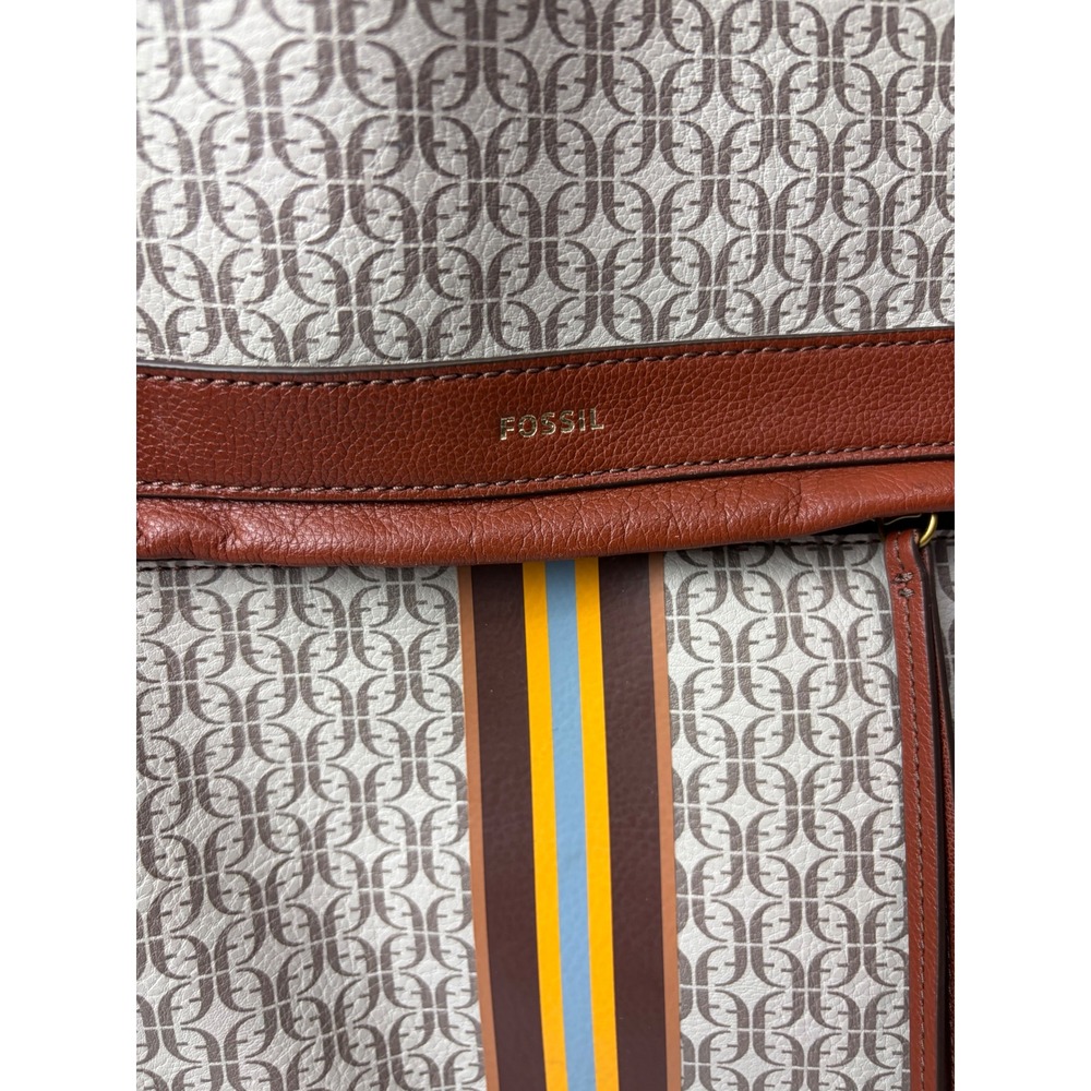 Fossil Tess Laptop Backpack Brown Leather Monogram Stripe Womens - Picture 2 of 10